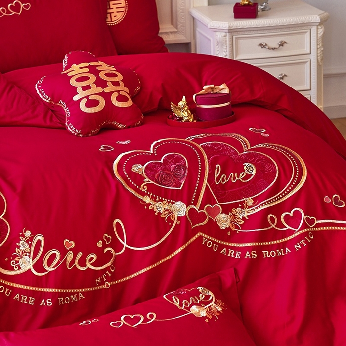 91家纺网 家纺一手货源 找家纺 甜咪咪婚庆 2026春夏新款全棉纯棉绣花结婚婚庆四件套多件套床单床盖款 星语心愿