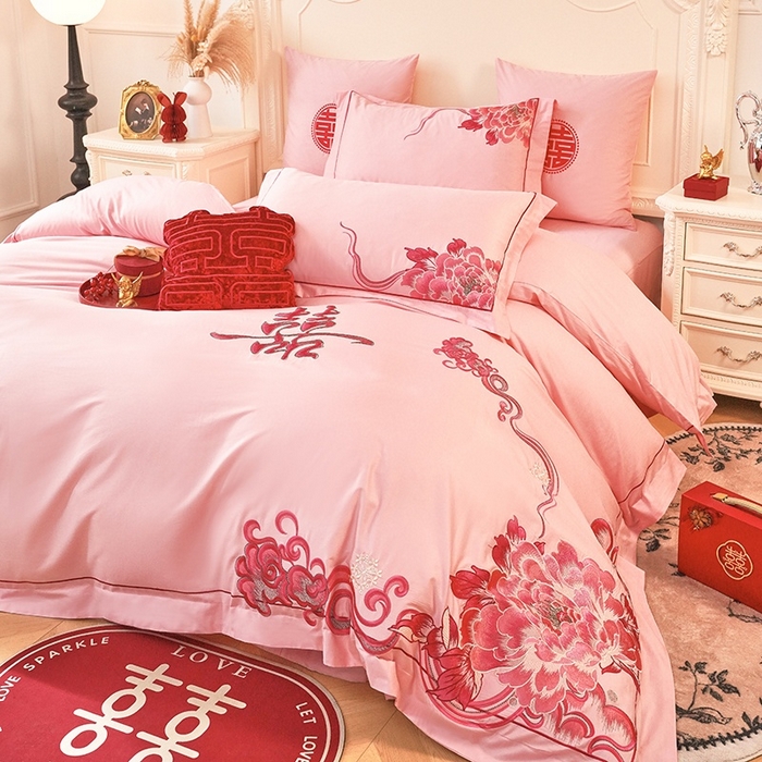 91家纺网 家纺一手货源 找家纺 甜咪咪婚庆 2026春夏新款全棉纯棉绣花结婚婚庆四件套多件套床单床盖款 锦绣芳华玉