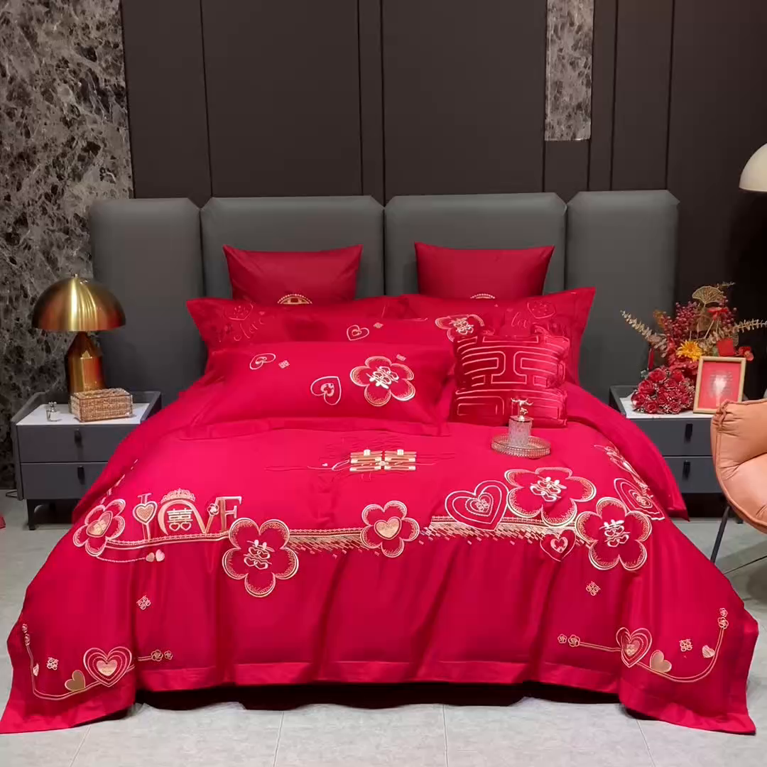 91家纺网 家纺一手货源 找家纺 甜咪咪婚庆 2026春夏新款全棉纯棉绣花结婚婚庆四件套多件套床单床盖款 锦绣花园红