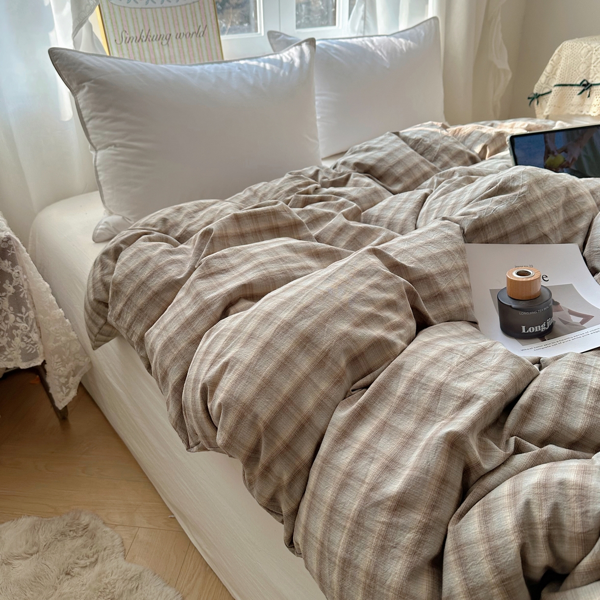 91家纺网 家纺一手货源 找家纺 六巷胡同 2026新款A类全棉纯棉水洗棉色织格子单品被套 被套单件 巷往-灰格