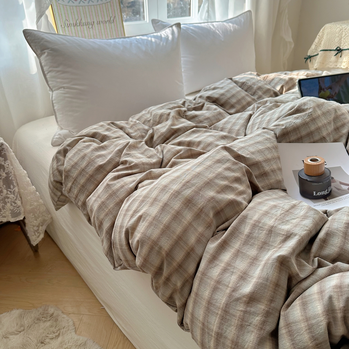 91家纺网 家纺一手货源 找家纺 六巷胡同 2026新款A类全棉纯棉水洗棉色织格子单品被套 被套单件 巷往-灰格