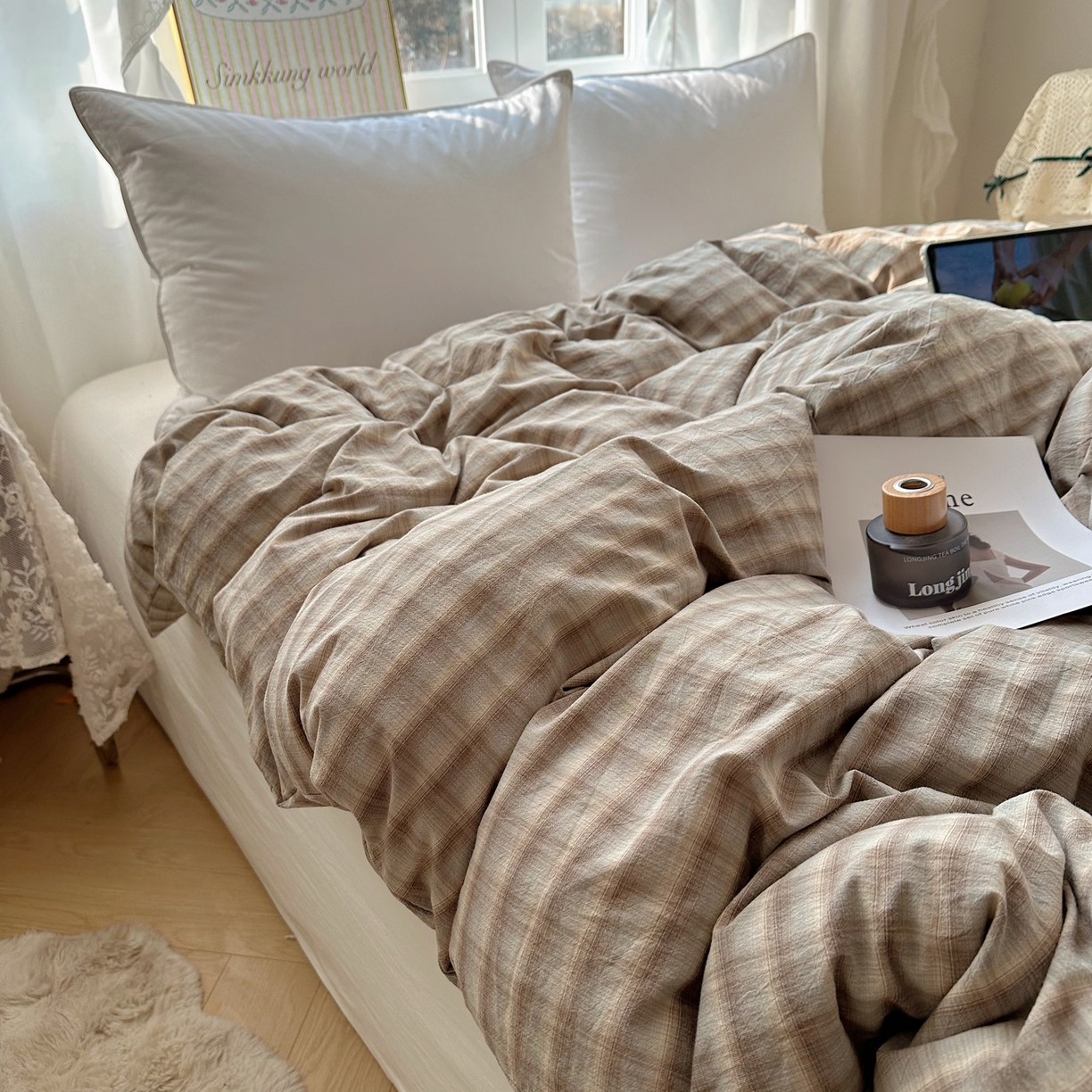 91家纺网 家纺一手货源 找家纺 六巷胡同 2026新款A类全棉纯棉水洗棉色织格子单品被套 被套单件 巷往-灰格