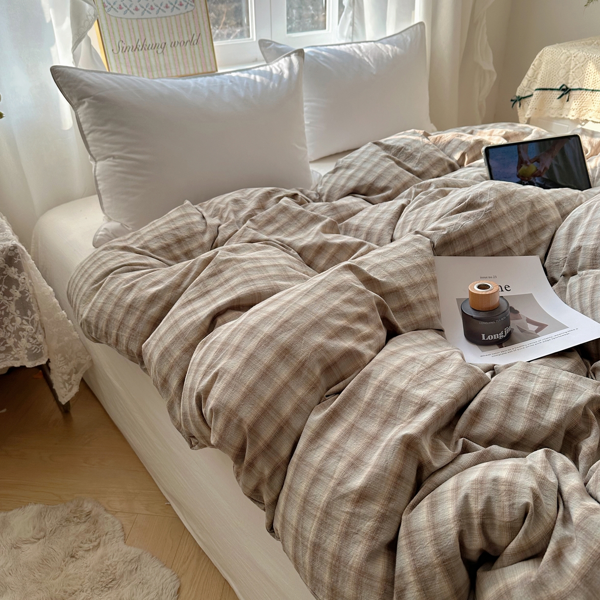 91家纺网 家纺一手货源 找家纺 六巷胡同 2026新款A类全棉纯棉水洗棉色织格子单品被套 被套单件 巷往-灰格