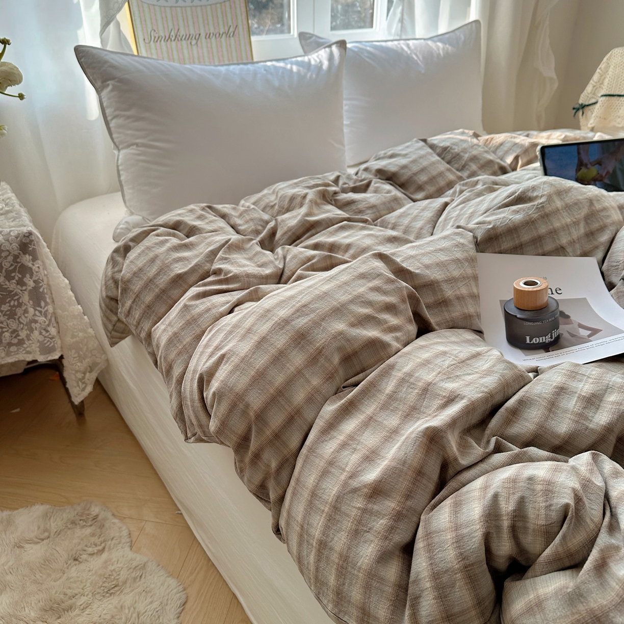 91家纺网 家纺一手货源 找家纺 六巷胡同 2026新款A类全棉纯棉水洗棉色织格子单品被套 被套单件 巷往-灰格