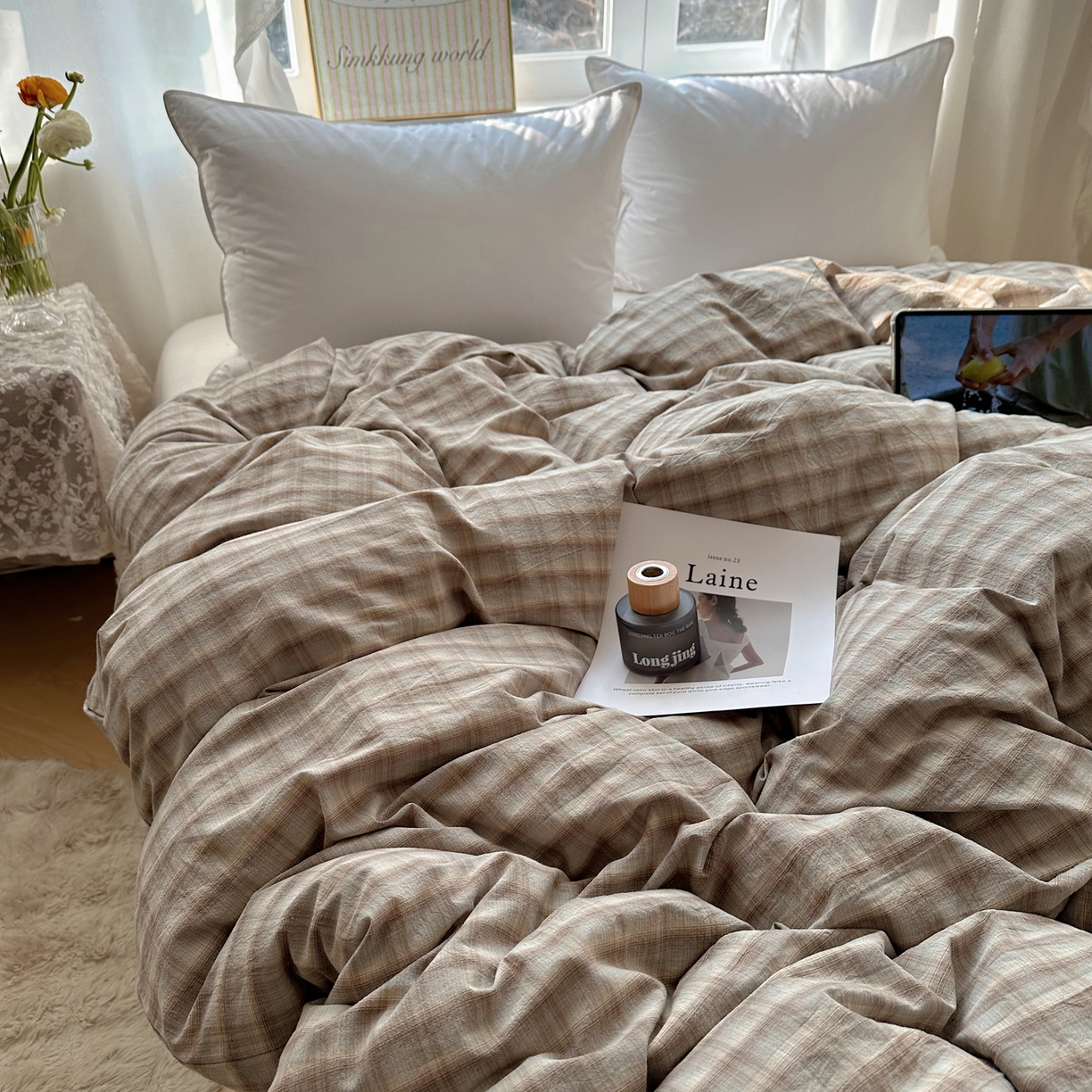 91家纺网 家纺一手货源 找家纺 六巷胡同 2026新款A类全棉纯棉水洗棉色织格子单品被套 被套单件 巷往-灰格