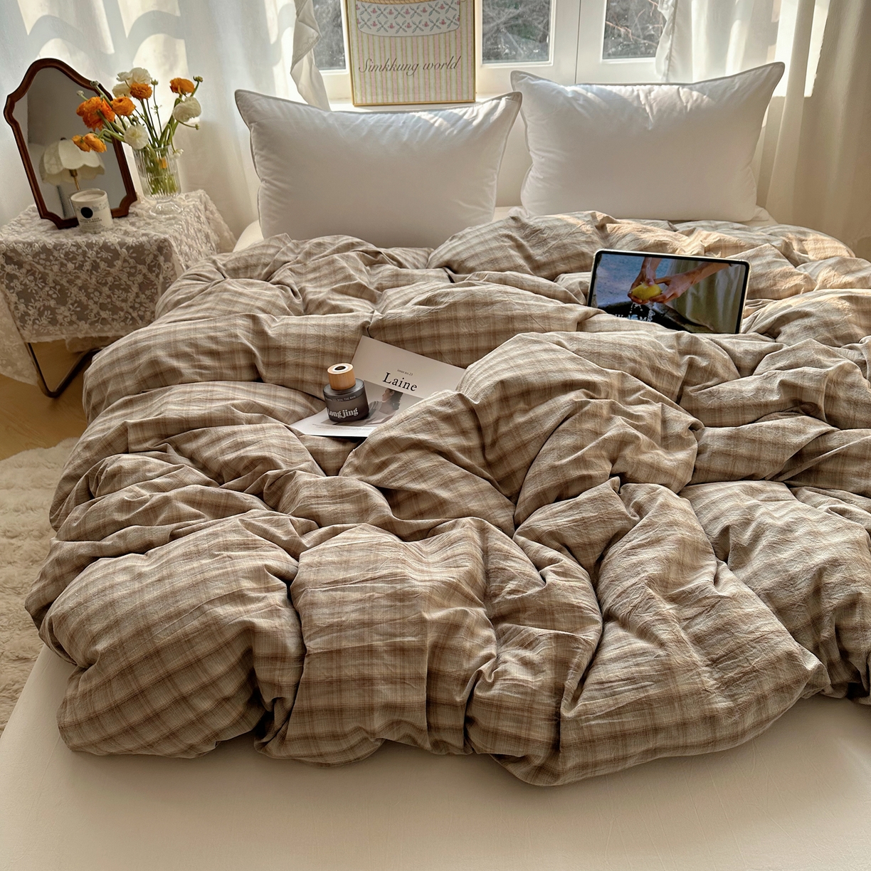 91家纺网 家纺一手货源 找家纺 六巷胡同 2026新款A类全棉纯棉水洗棉色织格子单品被套 被套单件 巷往-灰格