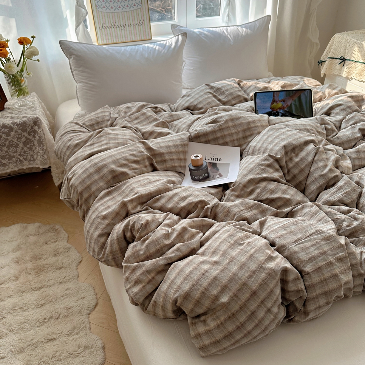 91家纺网 家纺一手货源 找家纺 六巷胡同 2026新款A类全棉纯棉水洗棉色织格子单品被套 被套单件 巷往-灰格