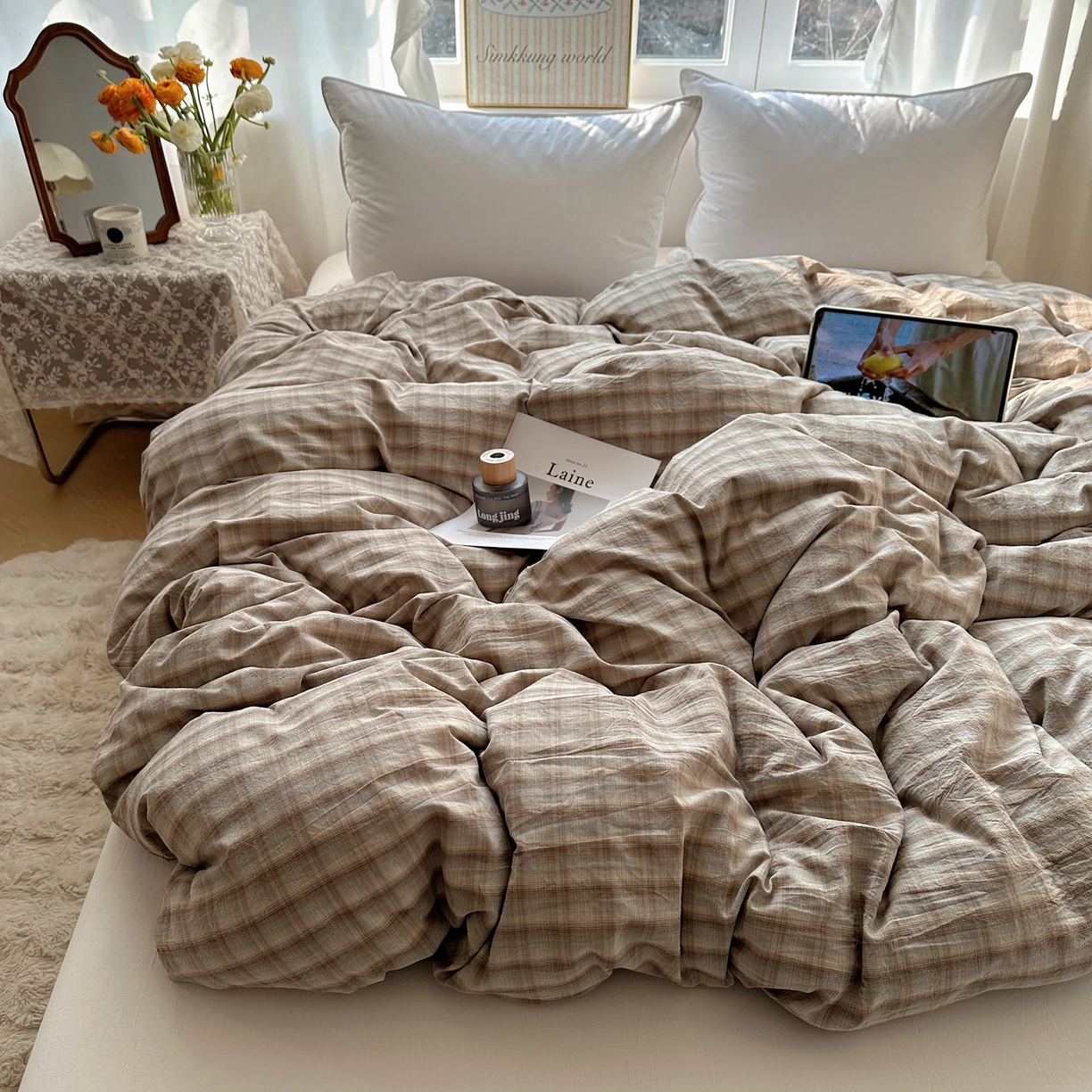 91家纺网 家纺一手货源 找家纺 六巷胡同 2026新款A类全棉纯棉水洗棉色织格子单品被套 被套单件 巷往-灰格