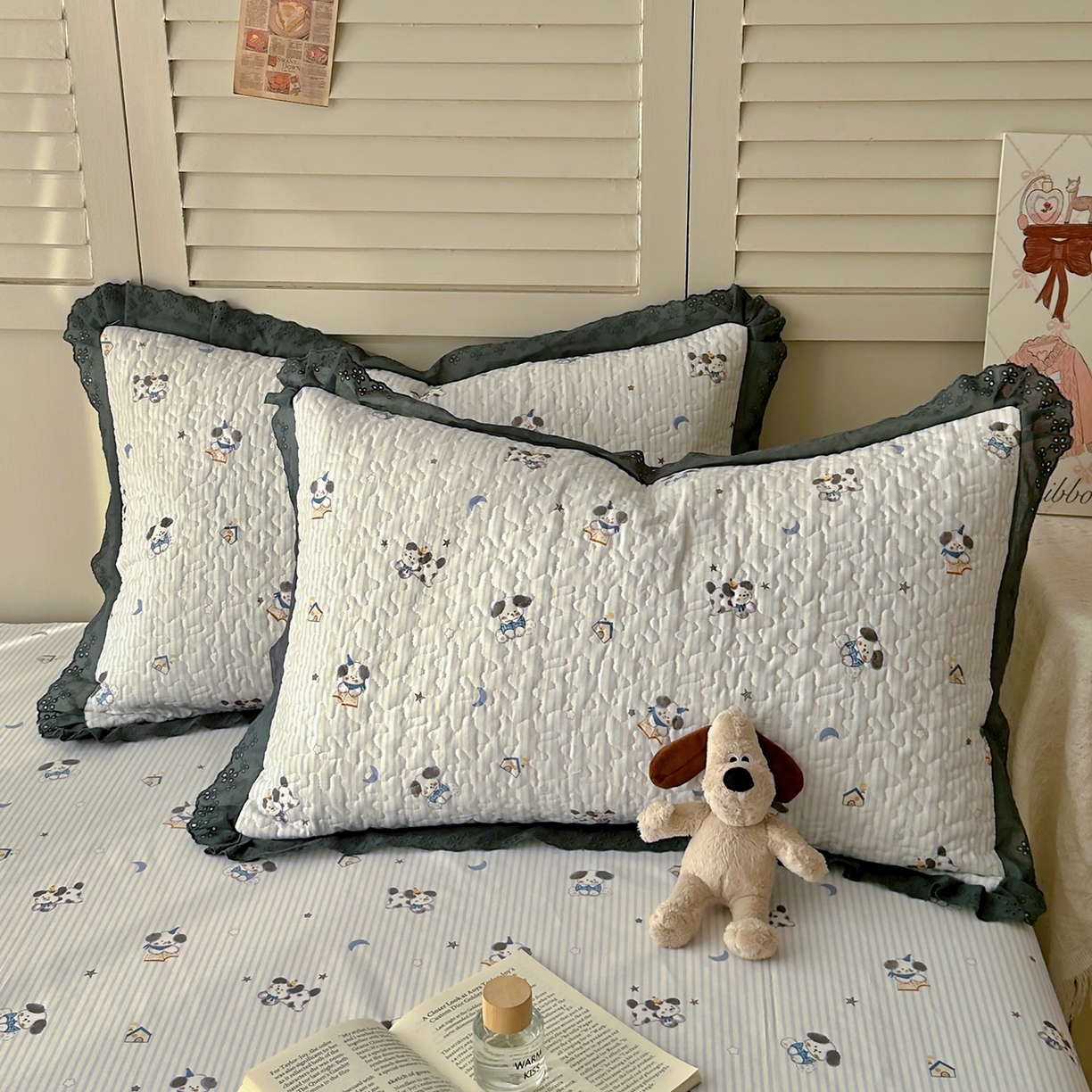 百寐 2026吸汗防油全棉三层夹棉花边信封加大50*80枕套48*74/40*60枕芯 夹棉-月亮狗