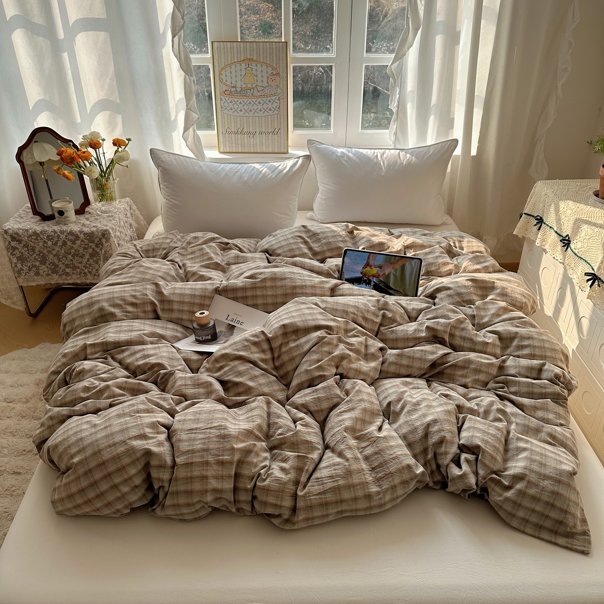 91家纺网 家纺一手货源 找家纺 六巷胡同 2026新款A类全棉纯棉水洗棉色织格子单品被套 被套单件 巷往-灰格