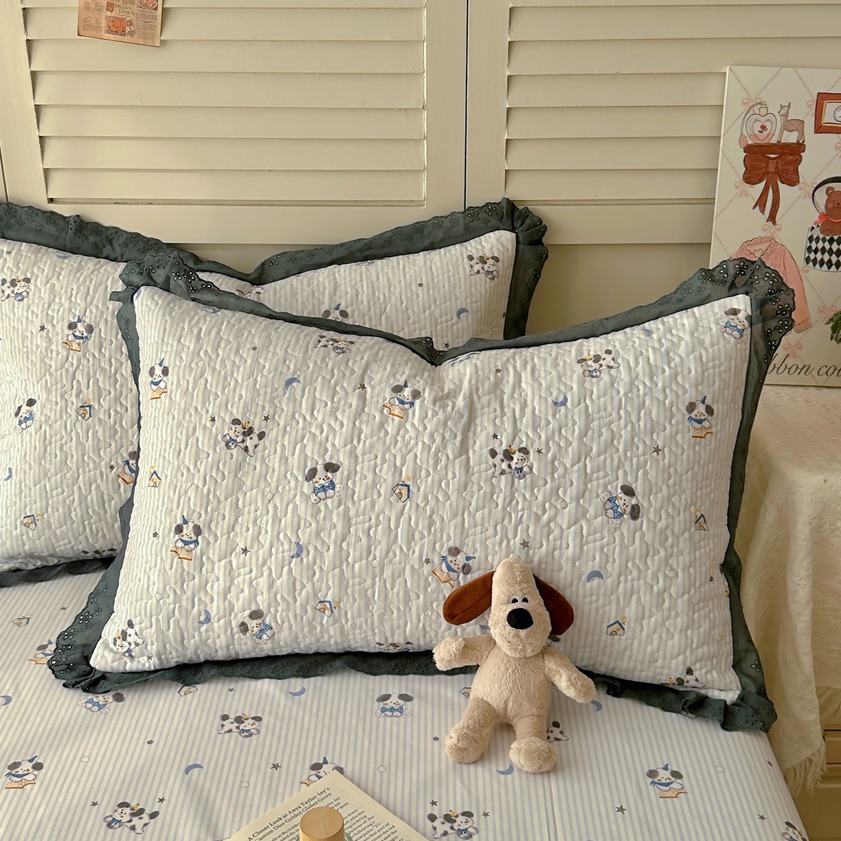 91家纺网 家纺一手货源 找家纺 百寐 2026吸汗防油全棉三层夹棉花边信封加大50*80枕套48*74/40*60枕芯 夹棉-月亮狗