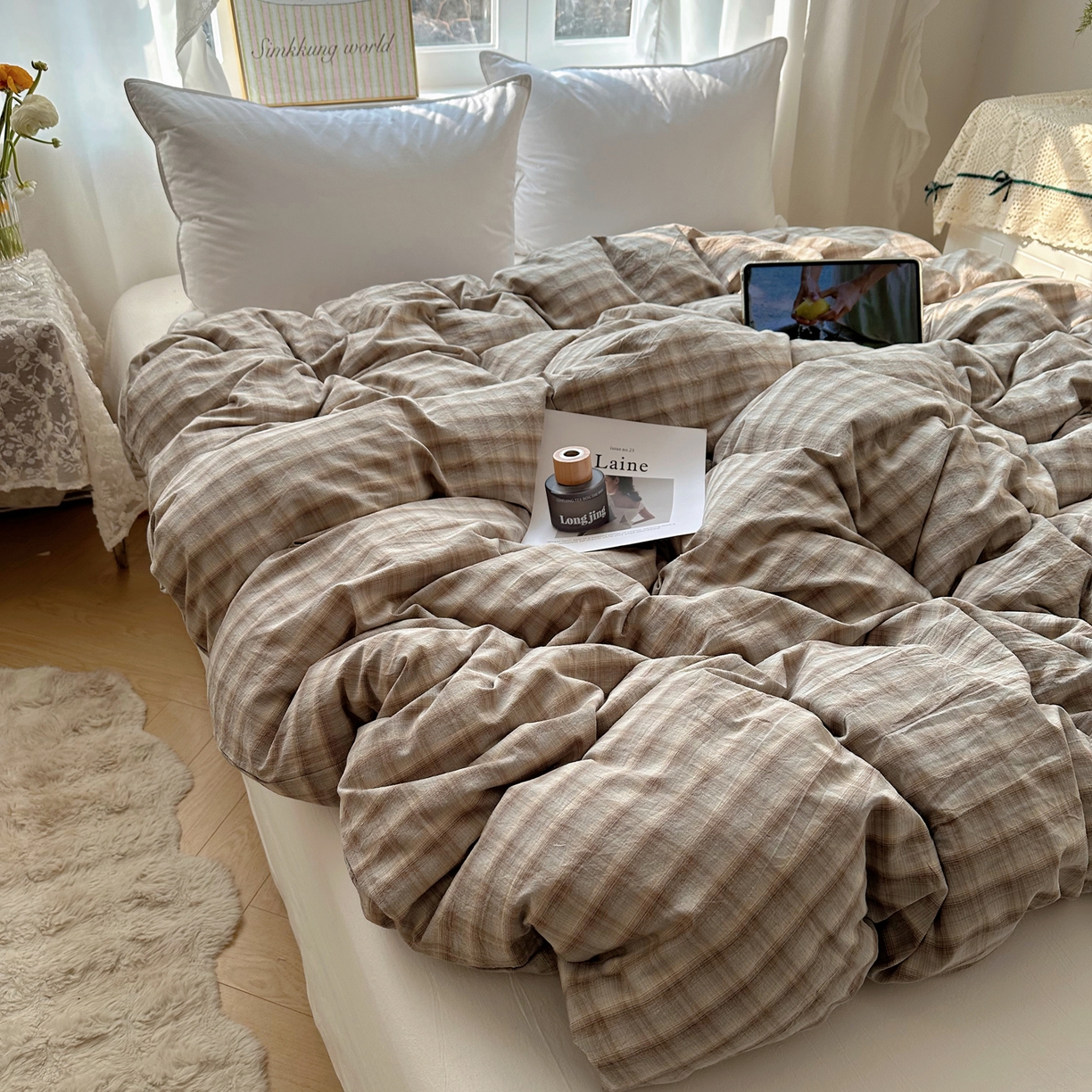 91家纺网 家纺一手货源 找家纺 六巷胡同 2026新款A类全棉纯棉水洗棉色织格子单品被套 被套单件 巷往-灰格