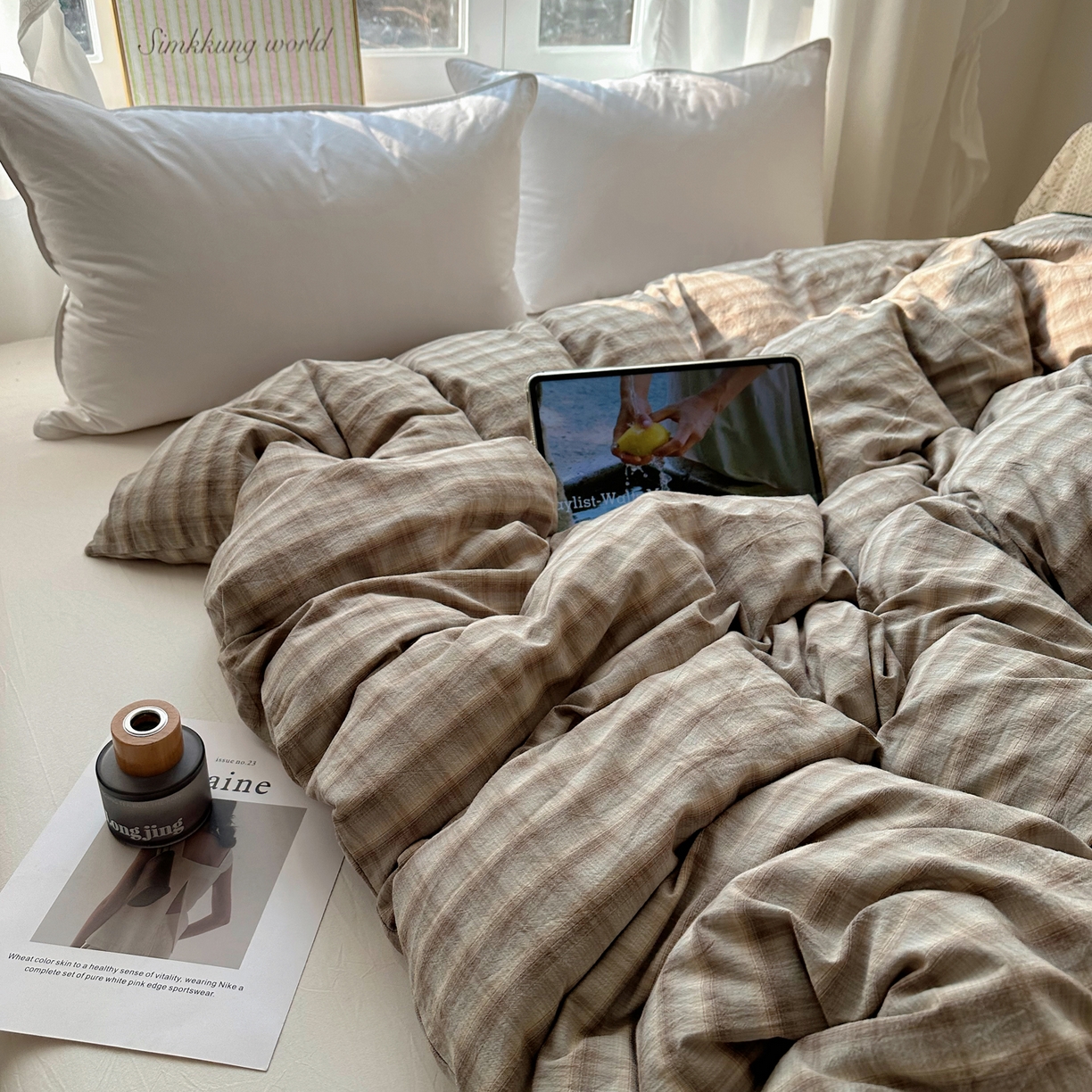 91家纺网 家纺一手货源 找家纺 六巷胡同 2026新款A类全棉纯棉水洗棉色织格子单品被套 被套单件 巷往-灰格