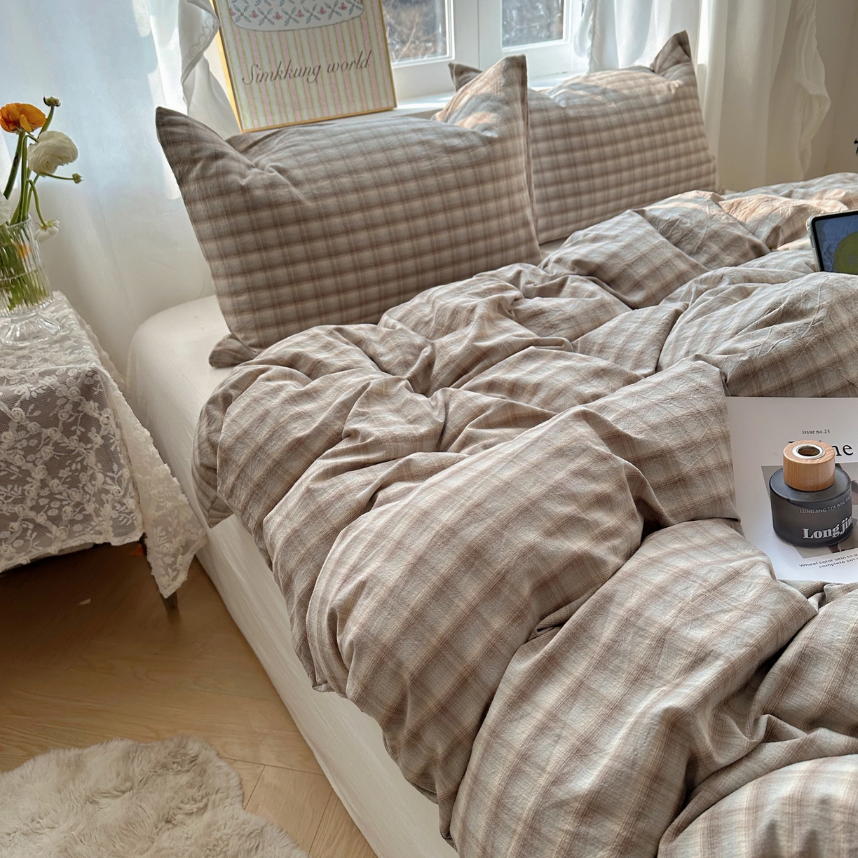 91家纺网 家纺一手货源 找家纺 六巷胡同 2026新款A类全棉纯棉水洗棉色织格子单品被套 被套单件 巷往-灰格