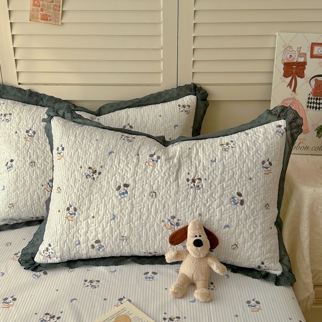 91家纺网 家纺一手货源 找家纺 百寐 2026吸汗防油全棉三层夹棉花边信封加大50*80枕套48*74/40*60枕芯 夹棉-月亮狗