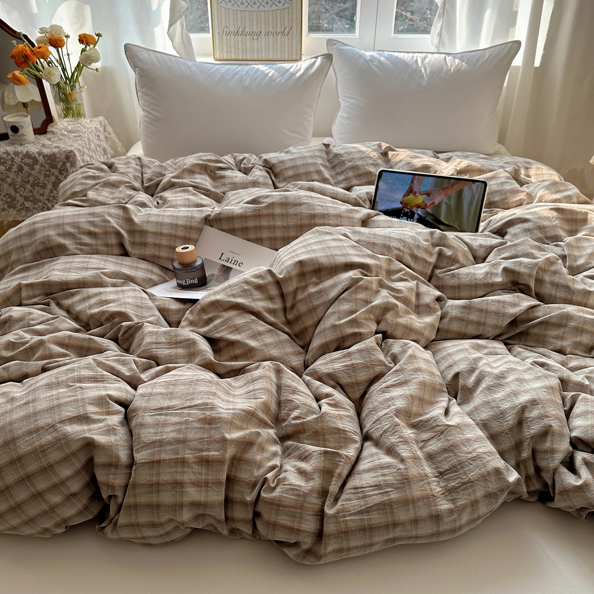 91家纺网 家纺一手货源 找家纺 六巷胡同 2026新款A类全棉纯棉水洗棉色织格子单品被套 被套单件 巷往-灰格