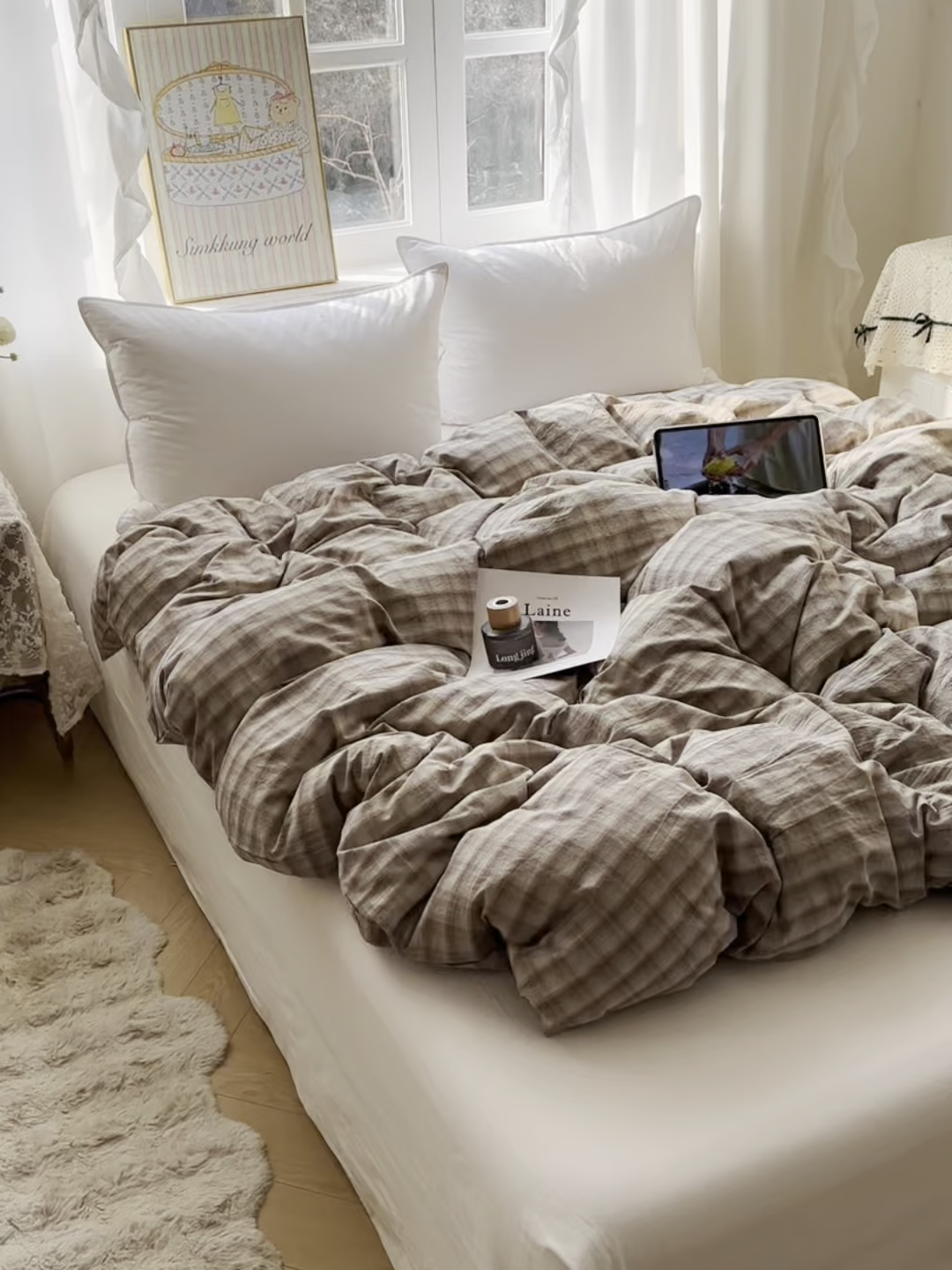 91家纺网 家纺一手货源 找家纺 六巷胡同 2026新款A类全棉纯棉水洗棉色织格子单品被套 被套单件 巷往-灰格