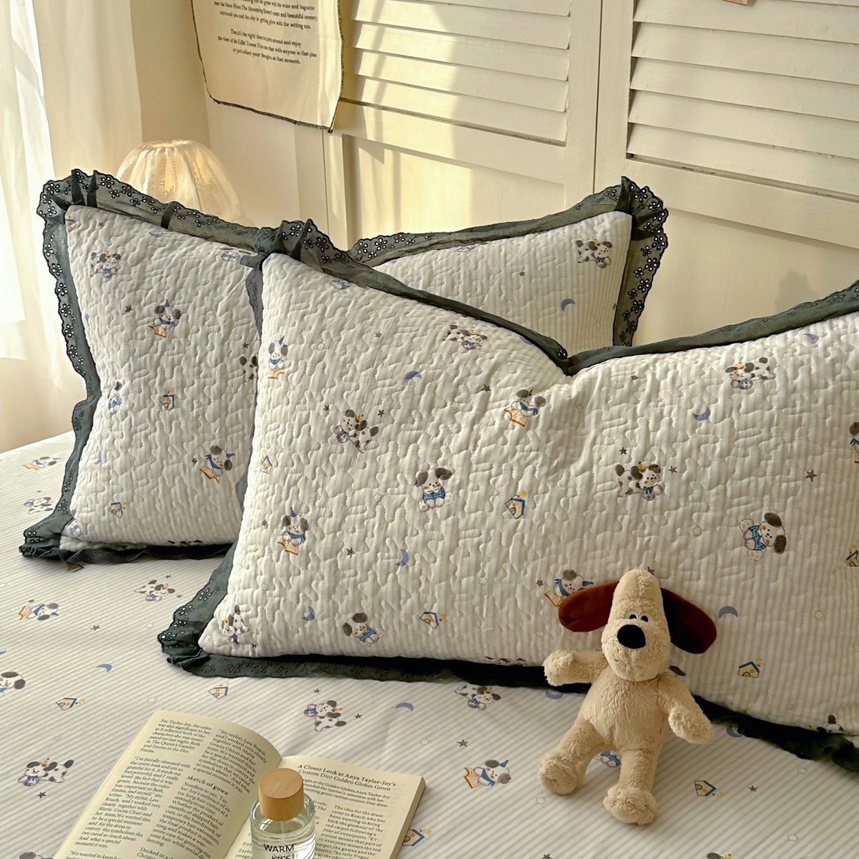 91家纺网 家纺一手货源 找家纺 百寐 2026吸汗防油全棉三层夹棉花边信封加大50*80枕套48*74/40*60枕芯 夹棉-月亮狗