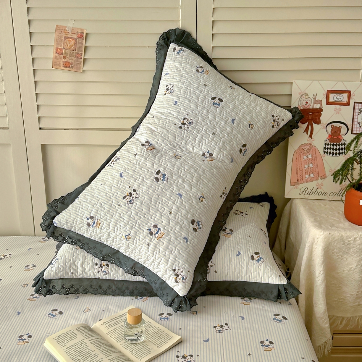 91家纺网 家纺一手货源 找家纺 百寐 2026吸汗防油全棉三层夹棉花边信封加大50*80枕套48*74/40*60枕芯 夹棉-月亮狗