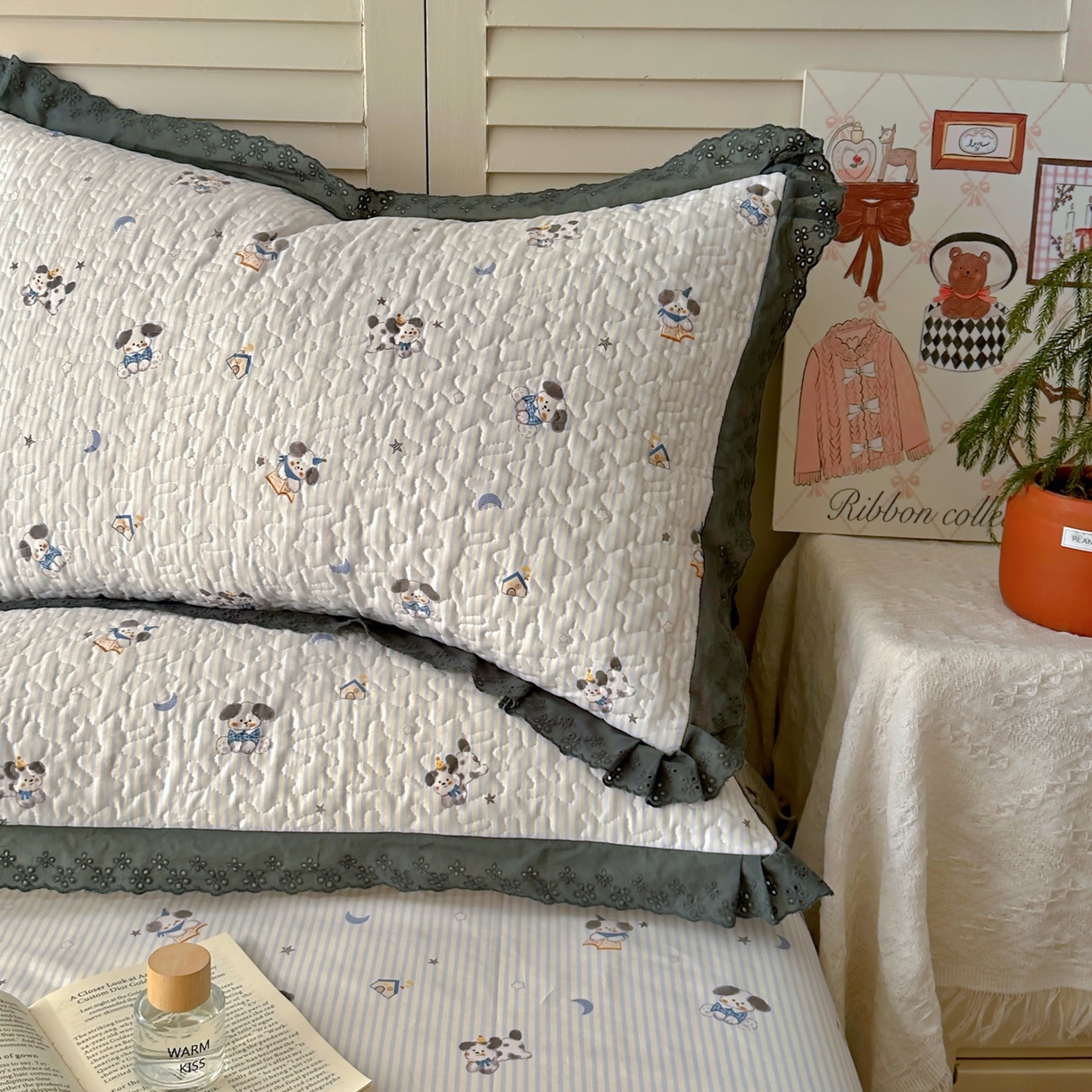 91家纺网 家纺一手货源 找家纺 百寐 2026吸汗防油全棉三层夹棉花边信封加大50*80枕套48*74/40*60枕芯 夹棉-月亮狗