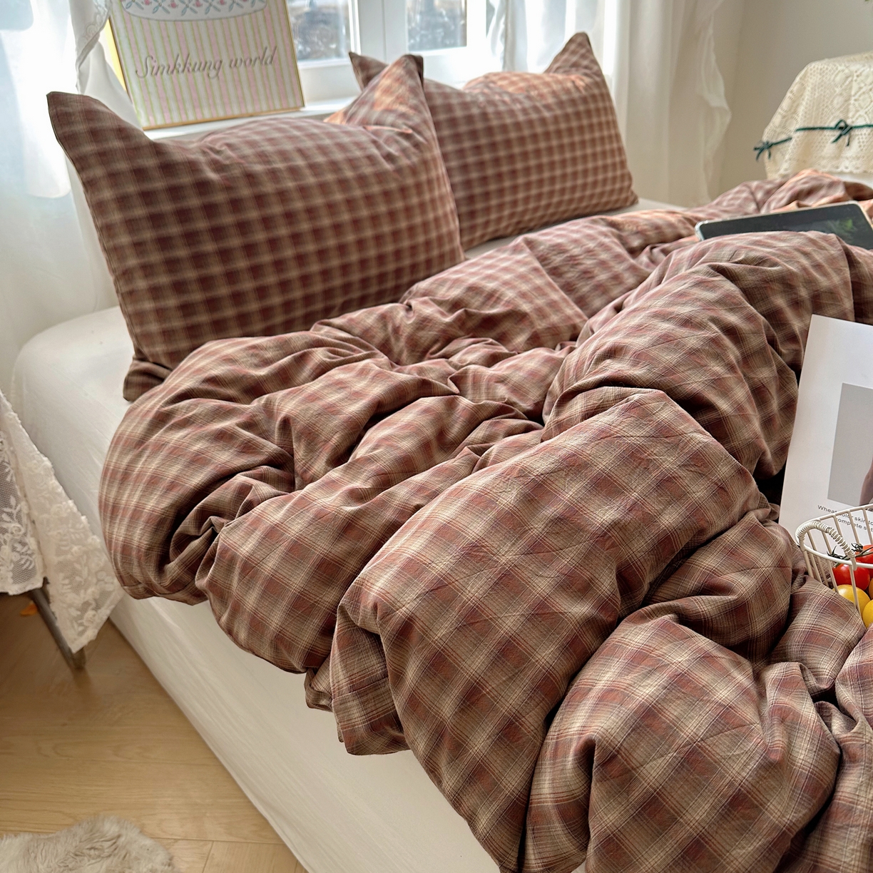 六巷胡同 2026新款A类全棉纯棉水洗棉色织格子单品被套 被套单件 巷往-红格