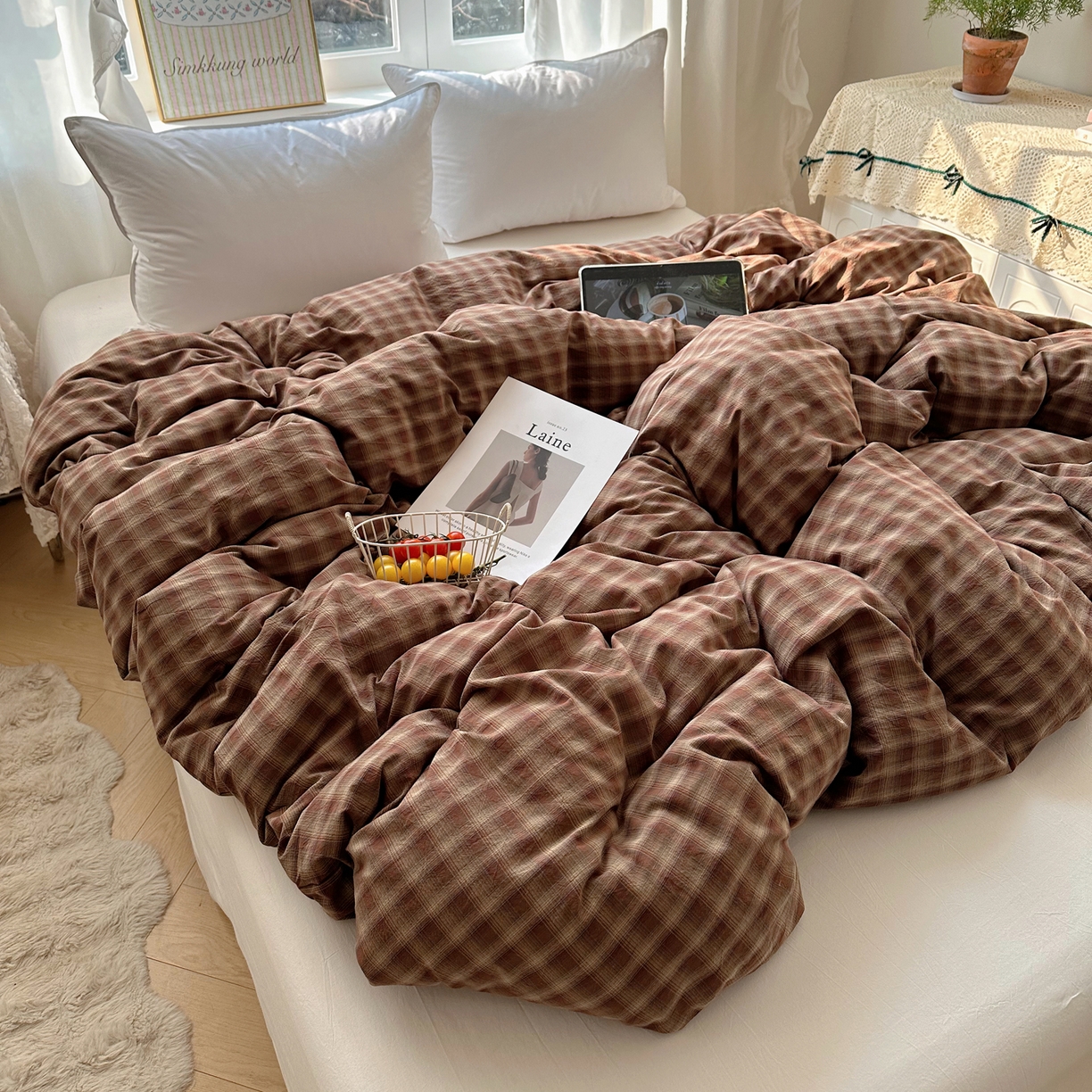 91家纺网 家纺一手货源 找家纺 六巷胡同 2026新款A类全棉纯棉水洗棉色织格子单品被套 被套单件 巷往-红格