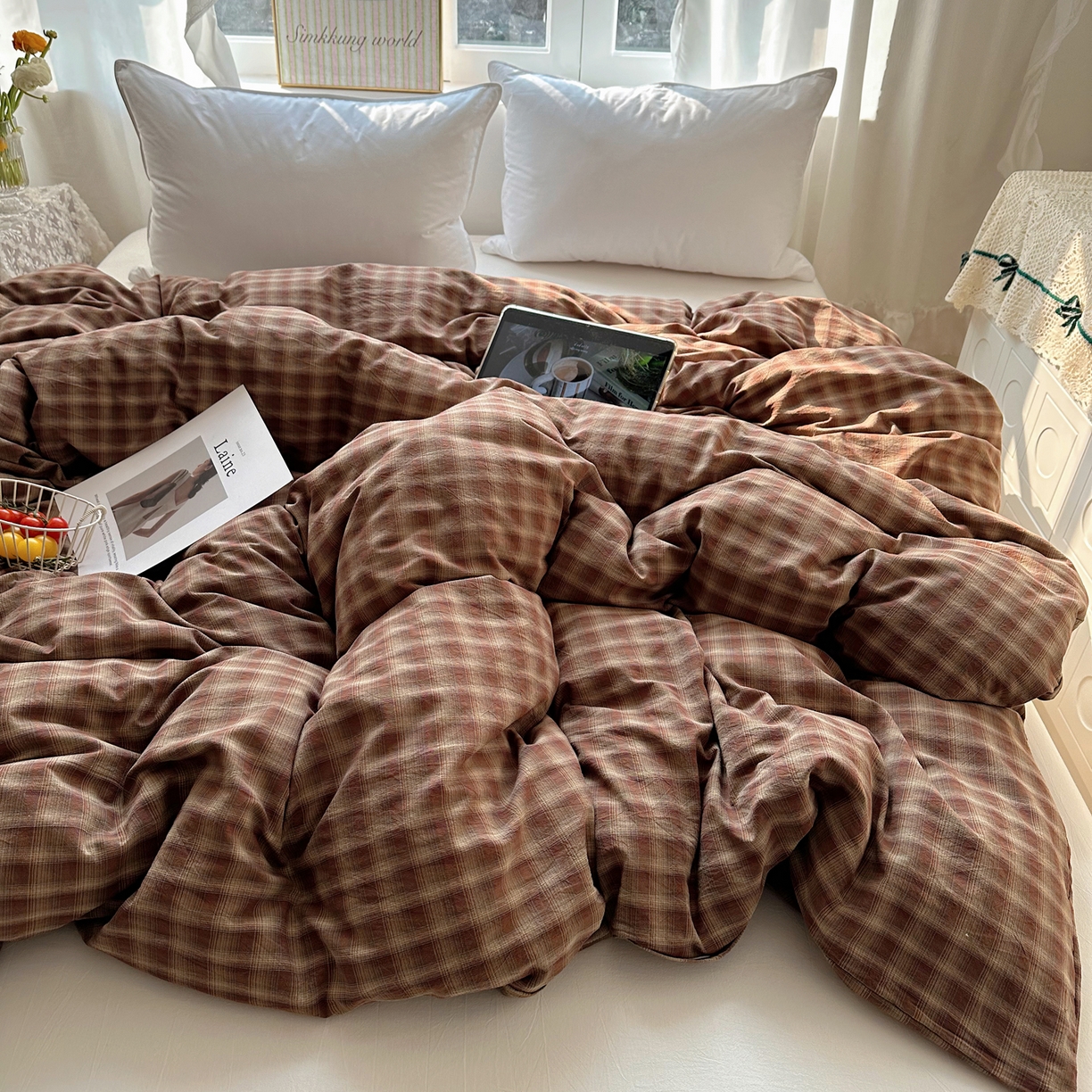 91家纺网 家纺一手货源 找家纺 六巷胡同 2026新款A类全棉纯棉水洗棉色织格子单品被套 被套单件 巷往-红格