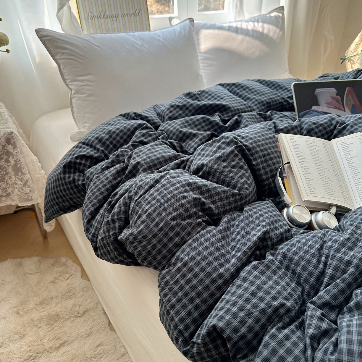 91家纺网 家纺一手货源 找家纺 六巷胡同 2026新款A类全棉纯棉水洗棉色织格子单品被套 被套单件 追光-蓝格