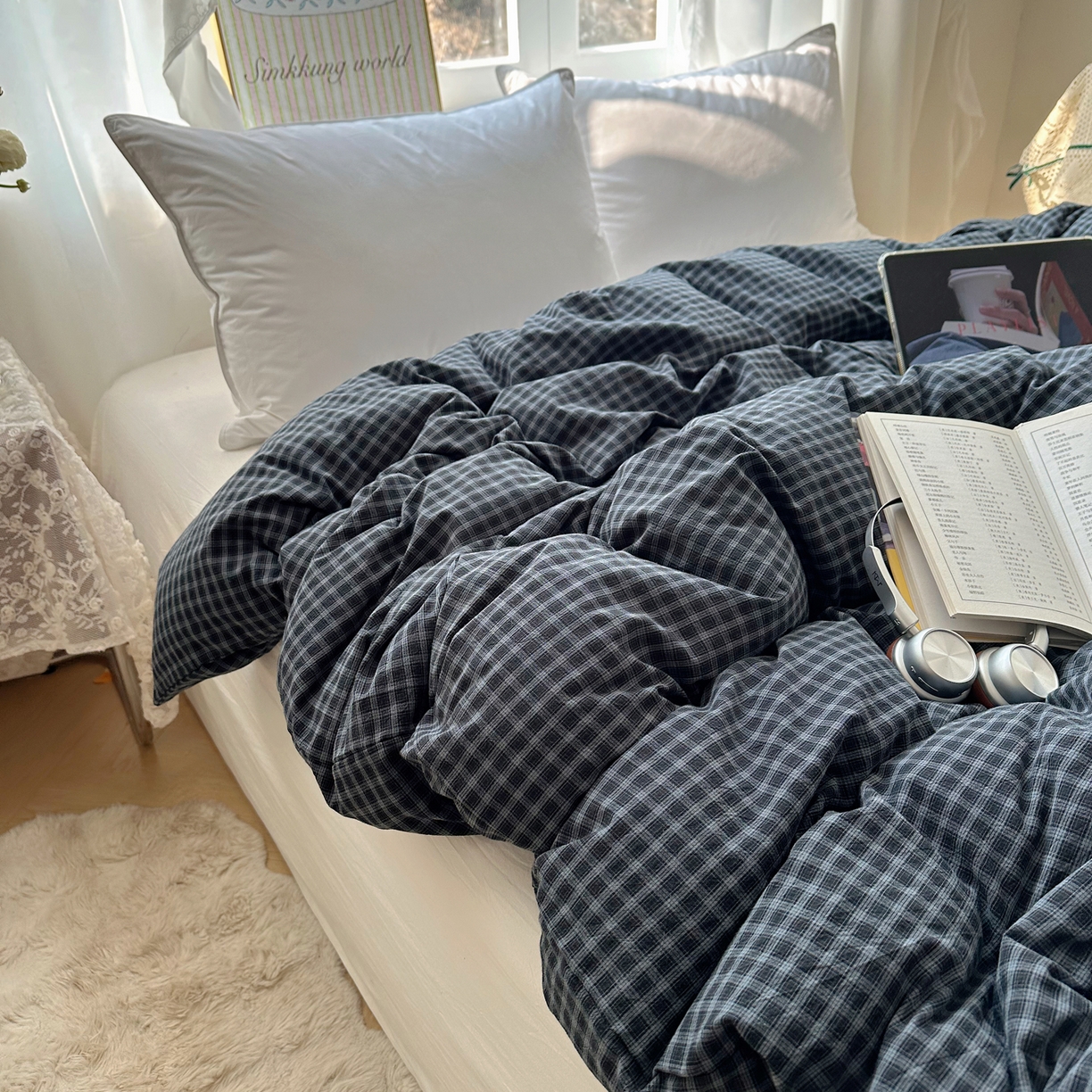 91家纺网 家纺一手货源 找家纺 六巷胡同 2026新款A类全棉纯棉水洗棉色织格子单品被套 被套单件 追光-蓝格