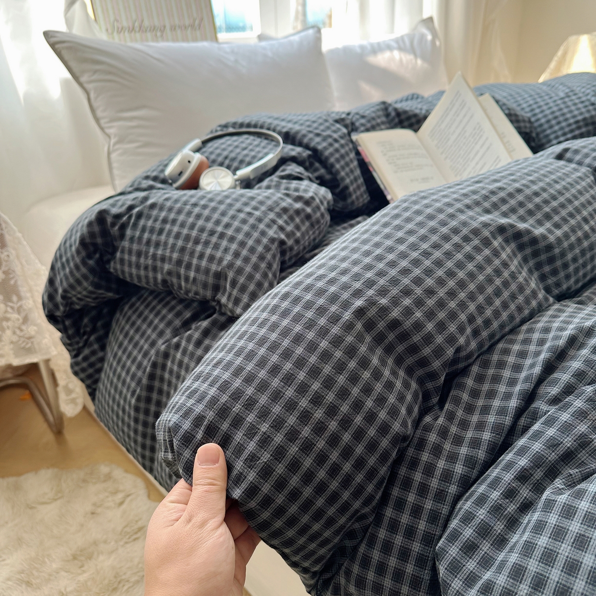 91家纺网 家纺一手货源 找家纺 六巷胡同 2026新款A类全棉纯棉水洗棉色织格子单品被套 被套单件 追光-蓝格