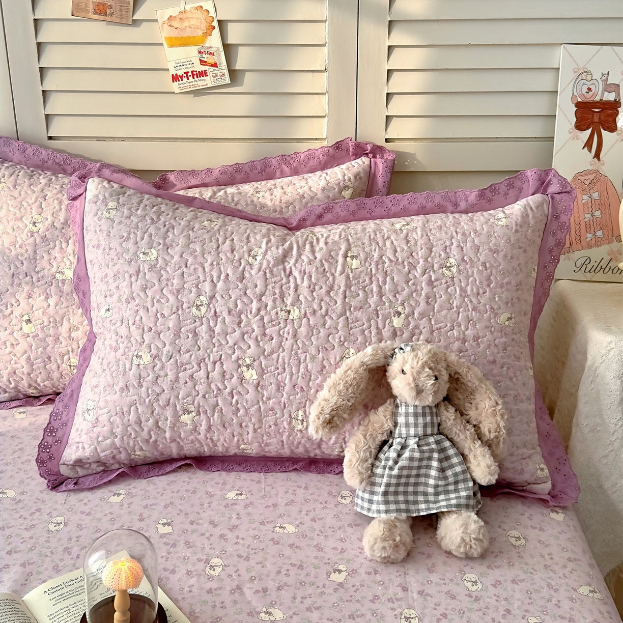 91家纺网 家纺一手货源 找家纺 百寐 2026吸汗防油全棉三层夹棉花边信封加大50*80枕套48*74/40*60枕芯 夹棉-紫小兔