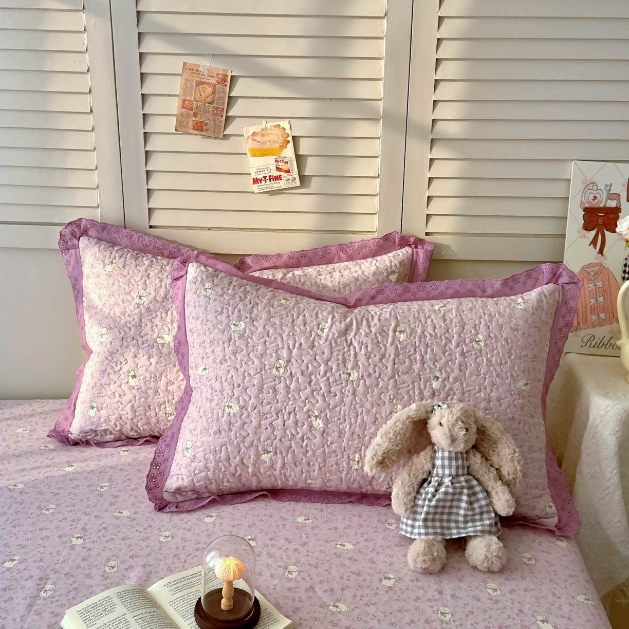 91家纺网 家纺一手货源 找家纺 百寐 2026吸汗防油全棉三层夹棉花边信封加大50*80枕套48*74/40*60枕芯 夹棉-紫小兔