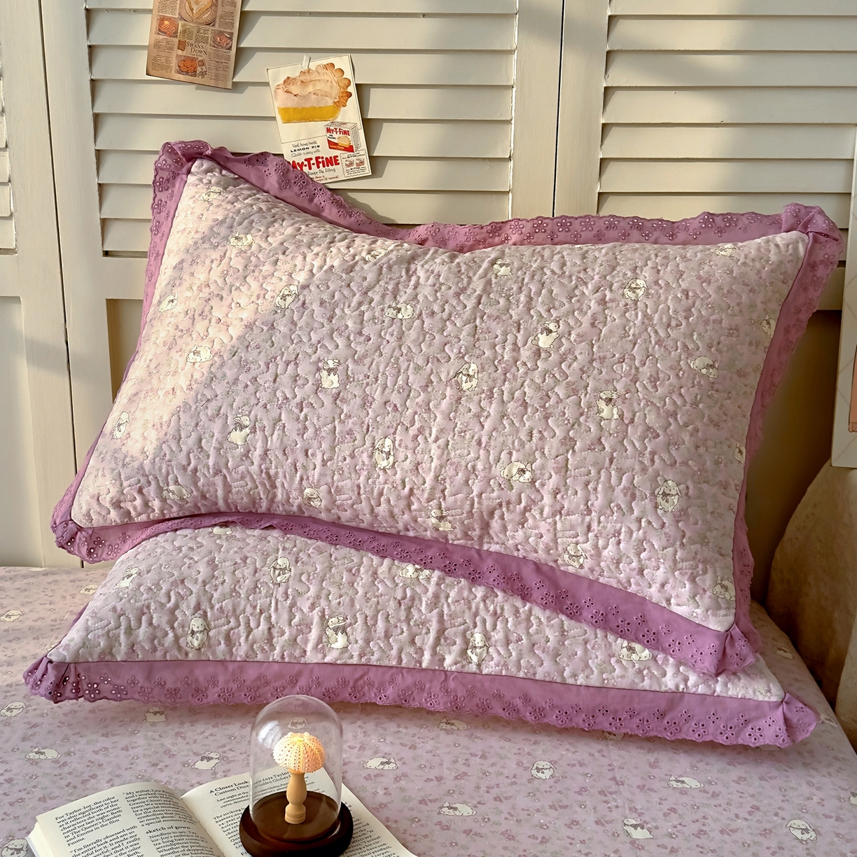 91家纺网 家纺一手货源 找家纺 百寐 2026吸汗防油全棉三层夹棉花边信封加大50*80枕套48*74/40*60枕芯 夹棉-紫小兔