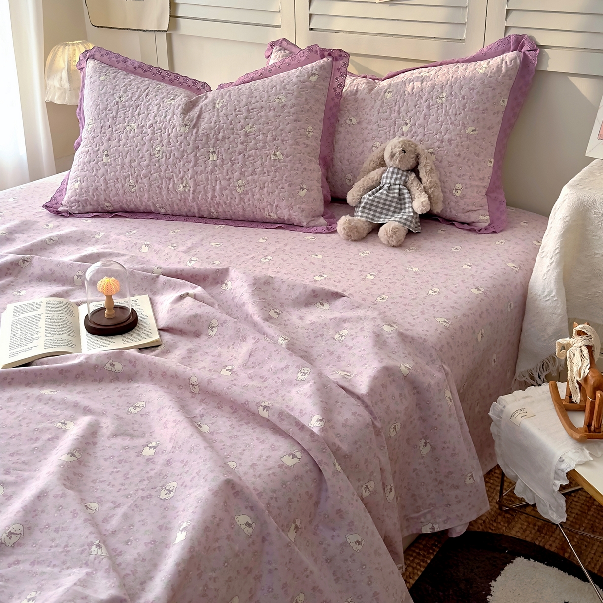 91家纺网 家纺一手货源 找家纺 百寐 2026吸汗防油全棉三层夹棉花边信封加大50*80枕套48*74/40*60枕芯 夹棉-紫小兔