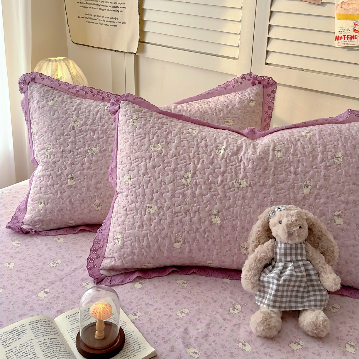 91家纺网 家纺一手货源 找家纺 百寐 2026吸汗防油全棉三层夹棉花边信封加大50*80枕套48*74/40*60枕芯 夹棉-紫小兔