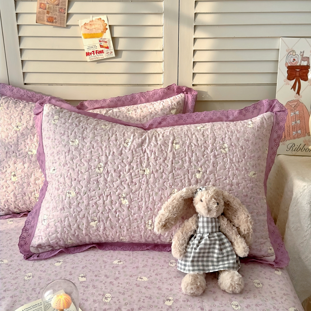 91家纺网 家纺一手货源 找家纺 百寐 2026吸汗防油全棉三层夹棉花边信封加大50*80枕套48*74/40*60枕芯 夹棉-紫小兔