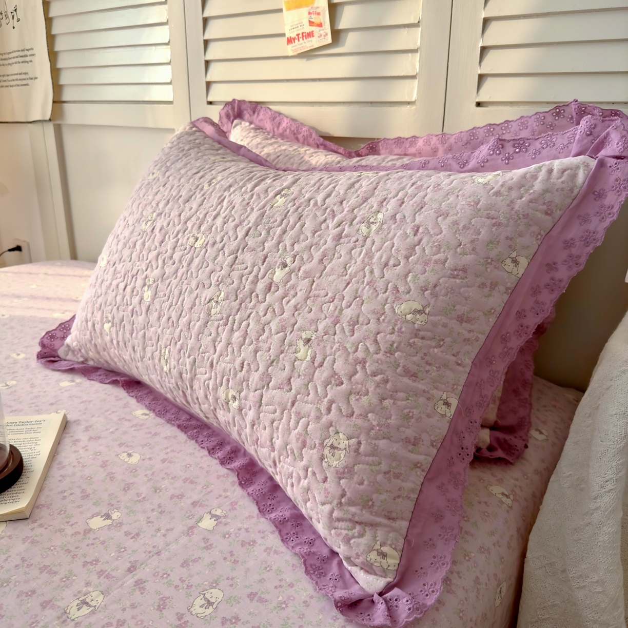 91家纺网 家纺一手货源 找家纺 百寐 2026吸汗防油全棉三层夹棉花边信封加大50*80枕套48*74/40*60枕芯 夹棉-紫小兔