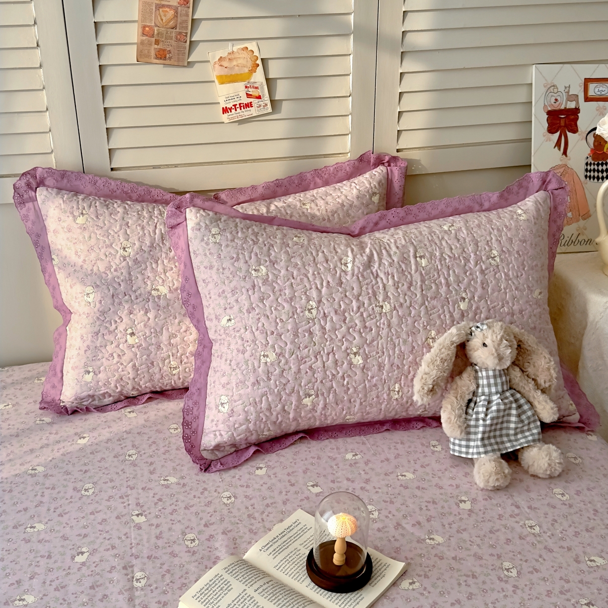 91家纺网 家纺一手货源 找家纺 百寐 2026吸汗防油全棉三层夹棉花边信封加大50*80枕套48*74/40*60枕芯 夹棉-紫小兔