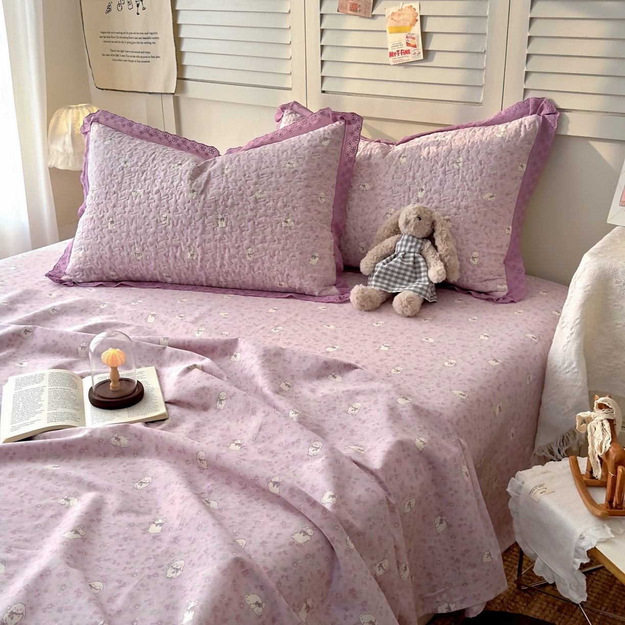 91家纺网 家纺一手货源 找家纺 百寐 2026吸汗防油全棉三层夹棉花边信封加大50*80枕套48*74/40*60枕芯 夹棉-紫小兔