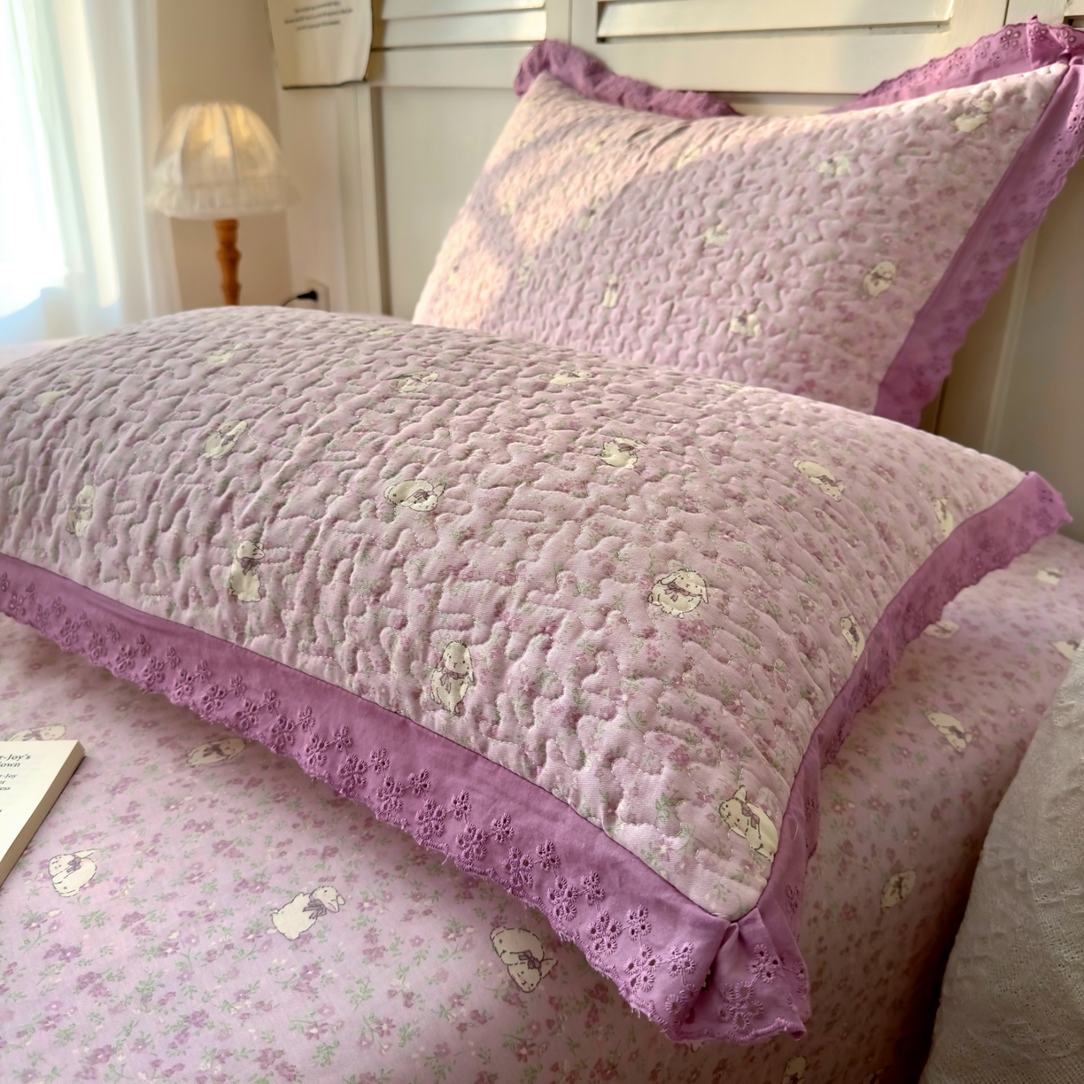 91家纺网 家纺一手货源 找家纺 百寐 2026吸汗防油全棉三层夹棉花边信封加大50*80枕套48*74/40*60枕芯 夹棉-紫小兔