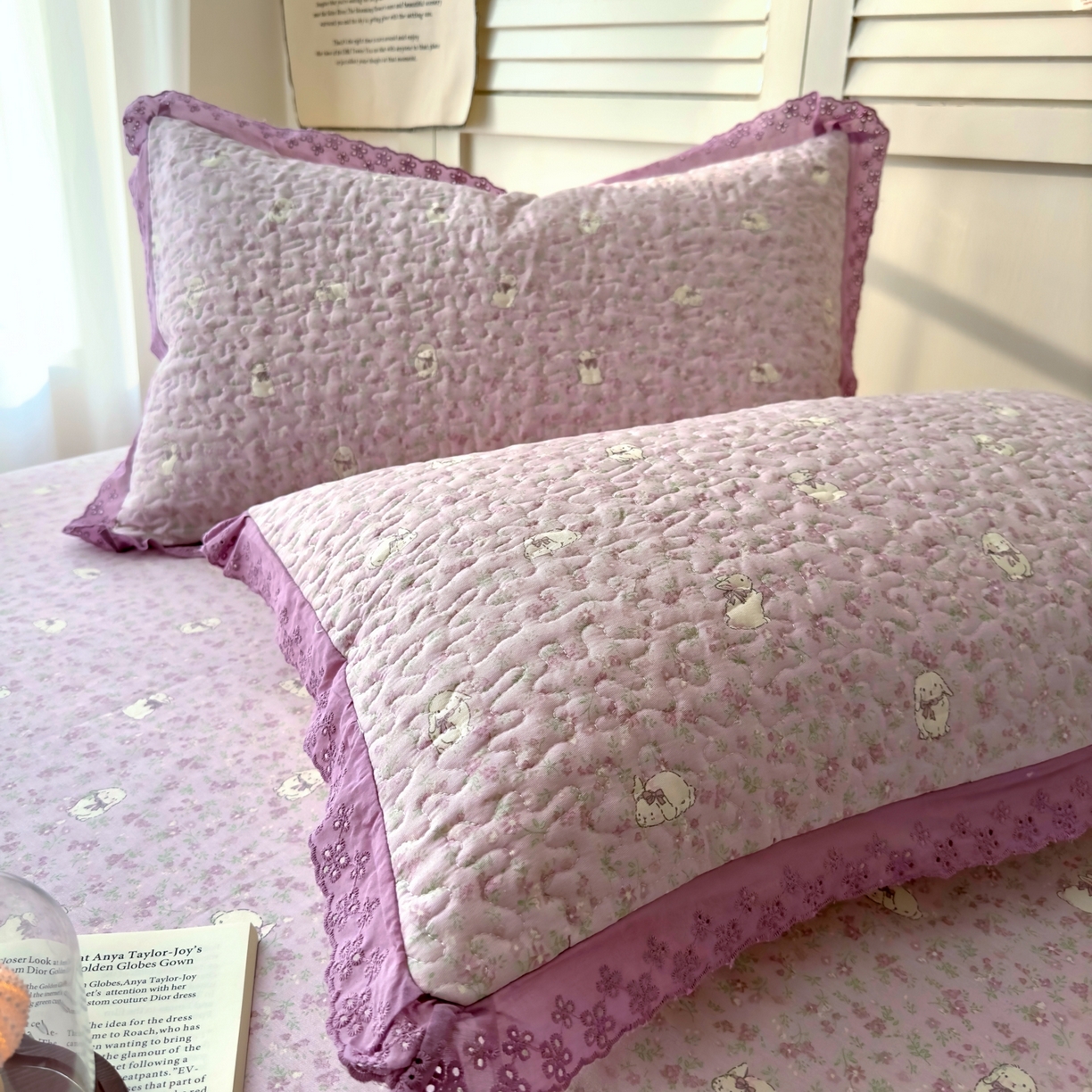 91家纺网 家纺一手货源 找家纺 百寐 2026吸汗防油全棉三层夹棉花边信封加大50*80枕套48*74/40*60枕芯 夹棉-紫小兔