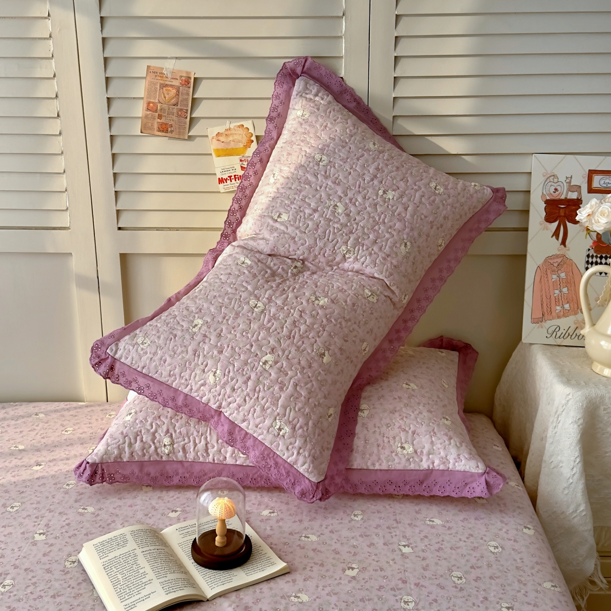 91家纺网 家纺一手货源 找家纺 百寐 2026吸汗防油全棉三层夹棉花边信封加大50*80枕套48*74/40*60枕芯 夹棉-紫小兔