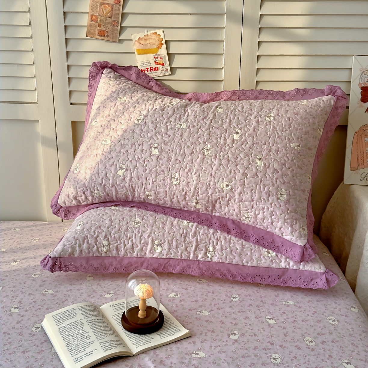 91家纺网 家纺一手货源 找家纺 百寐 2026吸汗防油全棉三层夹棉花边信封加大50*80枕套48*74/40*60枕芯 夹棉-紫小兔