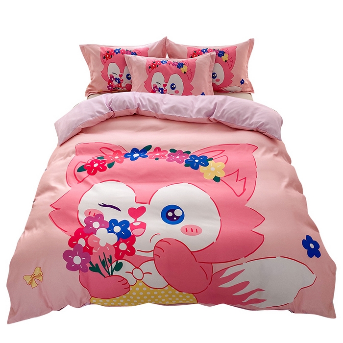 91家纺网 家纺一手货源 找家纺 一电 2026新款卡通被套单件被罩男女儿童学生宿舍单人被单男孩卡幼儿园单人被罩-2.磨毛被套 花朵狐