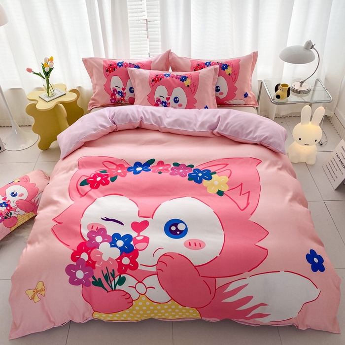 91家纺网 家纺一手货源 找家纺 一电 2026新款卡通被套单件被罩男女儿童学生宿舍单人被单男孩卡幼儿园单人被罩-2.磨毛被套 花朵狐