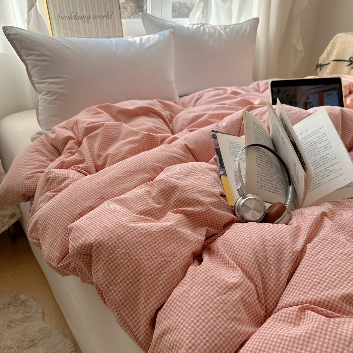 91家纺网 家纺一手货源 找家纺 六巷胡同 2026新款A类全棉纯棉水洗棉色织格子单品被套 被套单件 觅影-粉格