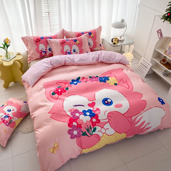 91家纺网 家纺一手货源 找家纺 一电 2026新款卡通被套单件被罩男女儿童学生宿舍单人被单男孩卡幼儿园单人被罩-2.磨毛被套 花朵狐