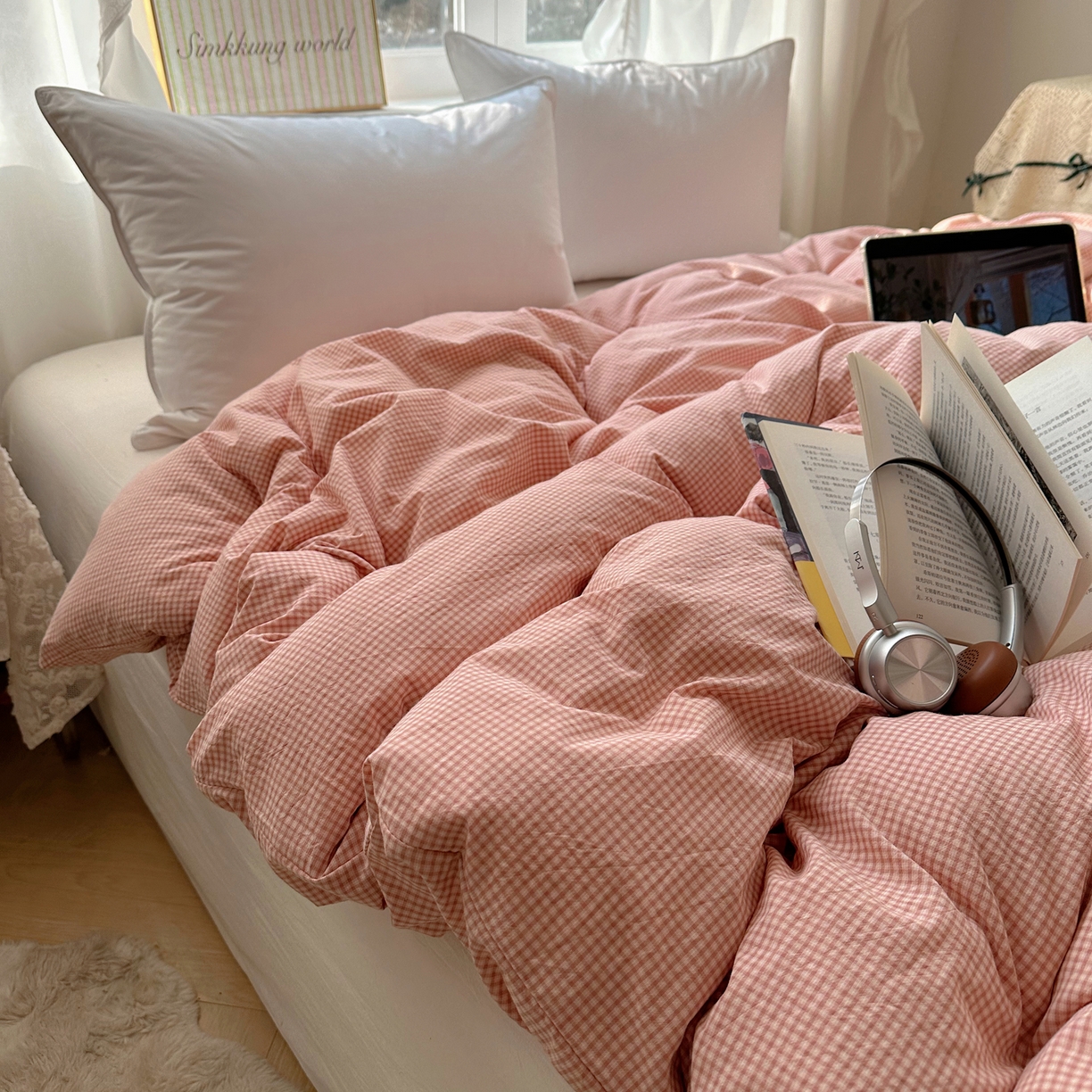 91家纺网 家纺一手货源 找家纺 六巷胡同 2026新款A类全棉纯棉水洗棉色织格子单品被套 被套单件 觅影-粉格