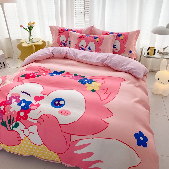 91家纺网 家纺一手货源 找家纺 一电 2026新款卡通被套单件被罩男女儿童学生宿舍单人被单男孩卡幼儿园单人被罩-2.磨毛被套 花朵狐