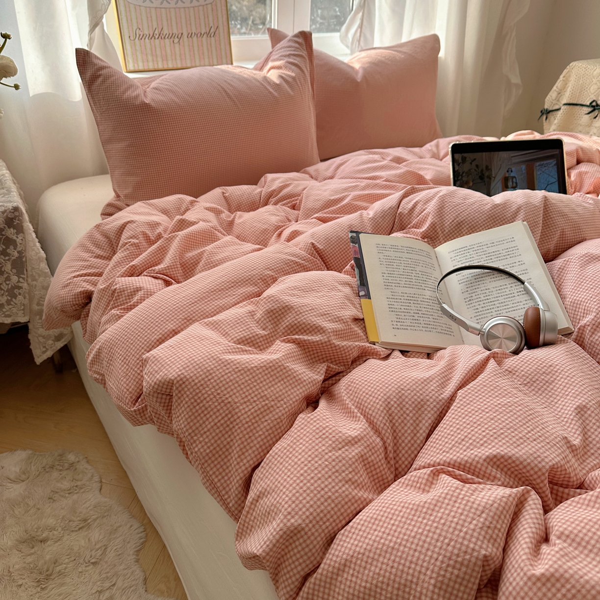 91家纺网 家纺一手货源 找家纺 六巷胡同 2026新款A类全棉纯棉水洗棉色织格子单品被套 被套单件 觅影-粉格